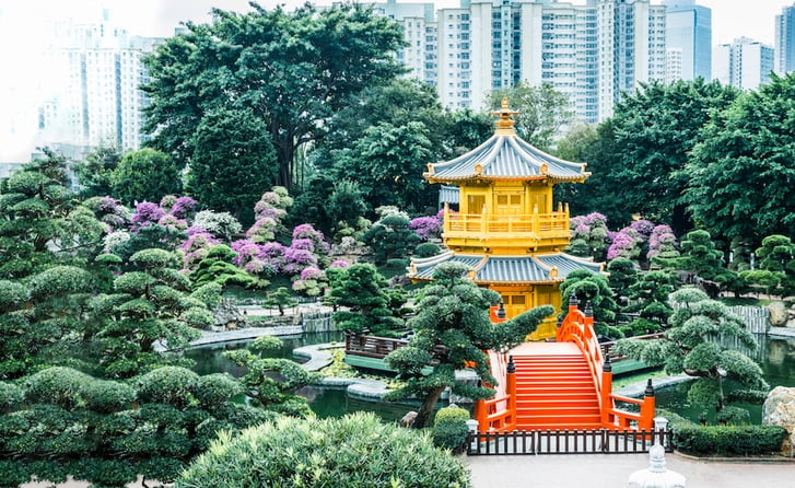 Gold Chinese pavilion at the Hong Kong Park