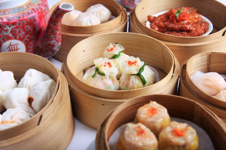 Dim sum dishes: spareribs, dumplings, bao, siomai